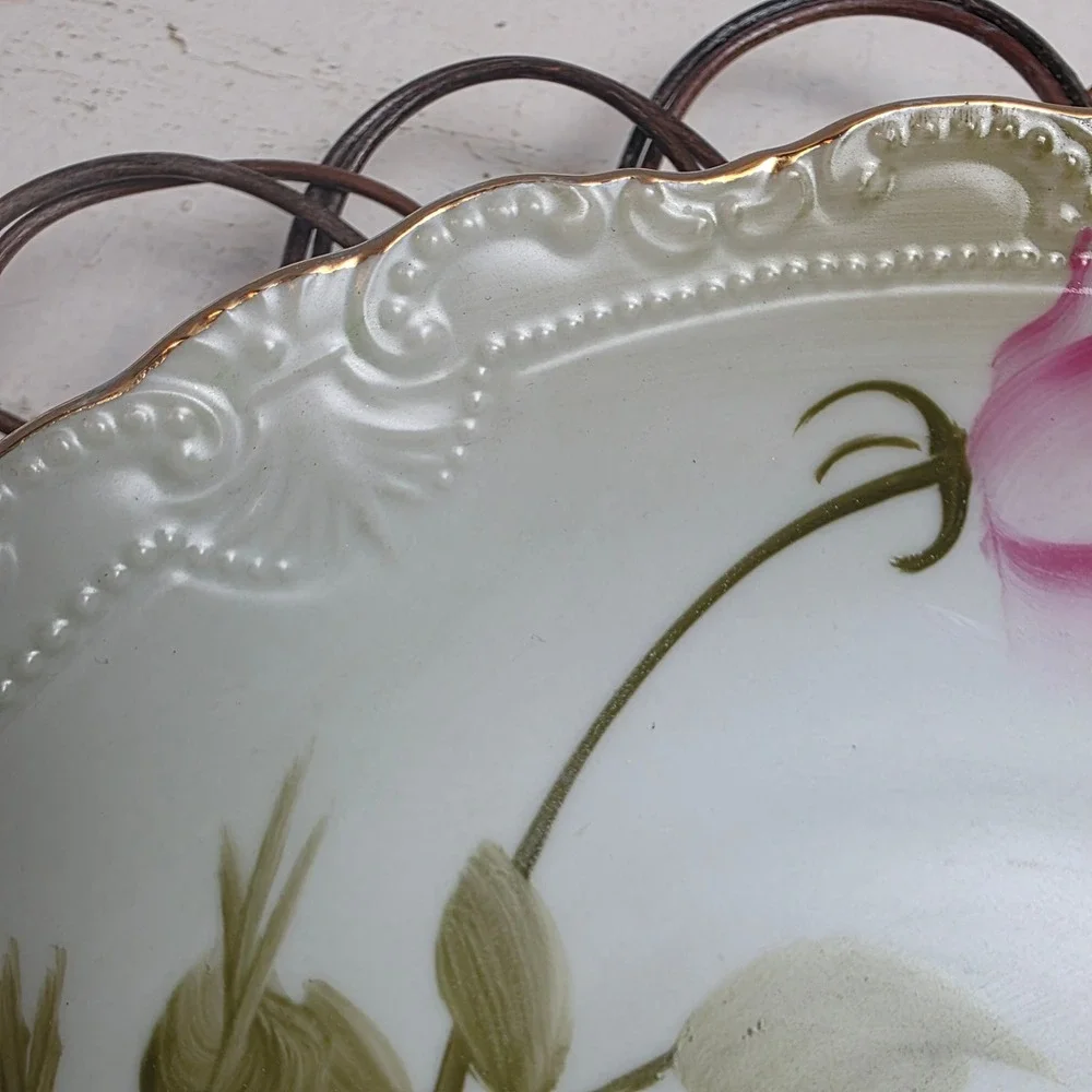 Antique Lefton Hand Painted Pink Rose Porcelain Cake Plate Gold Gilt Scallop Rim